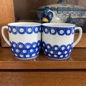 Pair of Vintage IDG Blue & White Porceain Evil Eye Coffee Mugs
